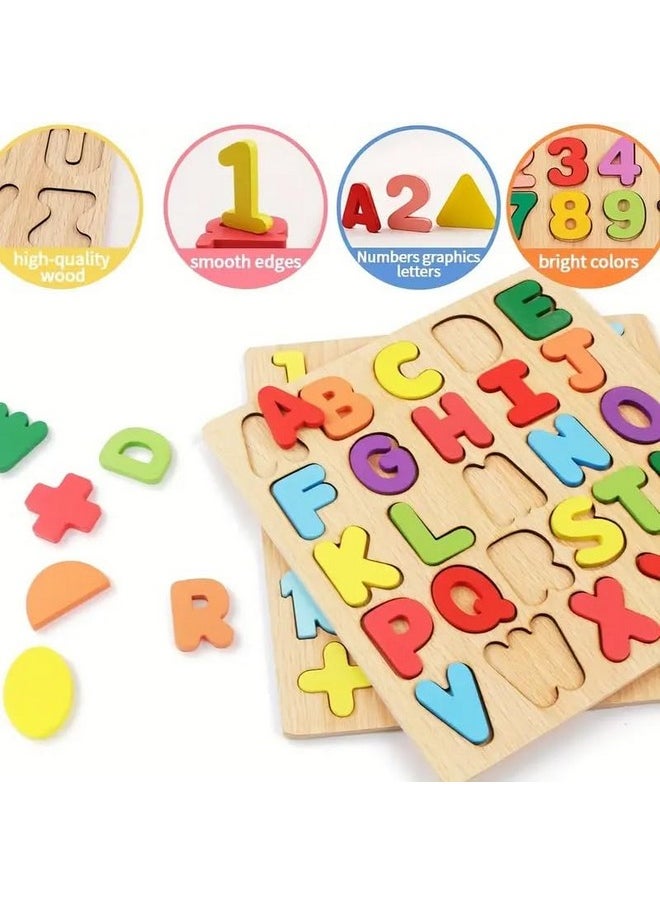 WISHKEY Wooden 3D Capital Alphabets, Numbers, and Shapes Board Puzzle Toy, Educational Toy Puzzles for Early Learning, Colorful Toy, Montessori Toy for Pre-Schooler Kids, Multicolor (Pack of 3)