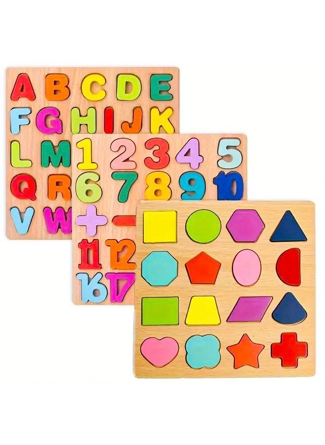 WISHKEY Wooden 3D Capital Alphabets, Numbers, and Shapes Board Puzzle Toy, Educational Toy Puzzles for Early Learning, Colorful Toy, Montessori Toy for Pre-Schooler Kids, Multicolor (Pack of 3)