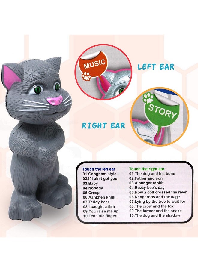 mQFIT Interactive Talking Cat with Stories and Touch Functions, Musical Cat Doll Toy - Grey, Height 19 cm