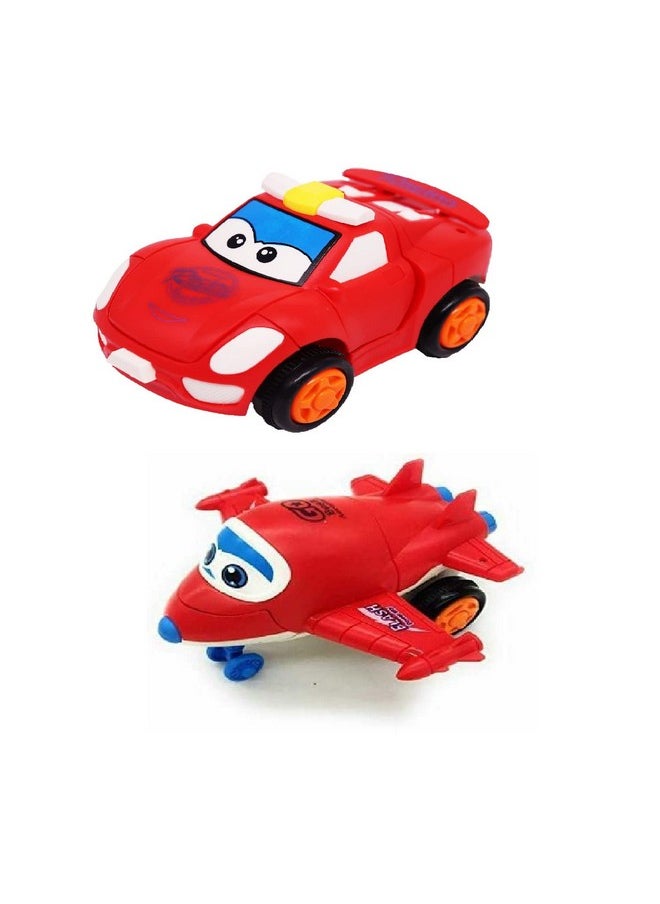 mQFIT Pull Push Back Action Robot Car and Robot Plane Toy for Kids, Combo Deformation Cartoon Racing Car Toy and Deformation Cartoon Plane Toy for Kids (Multicolour)