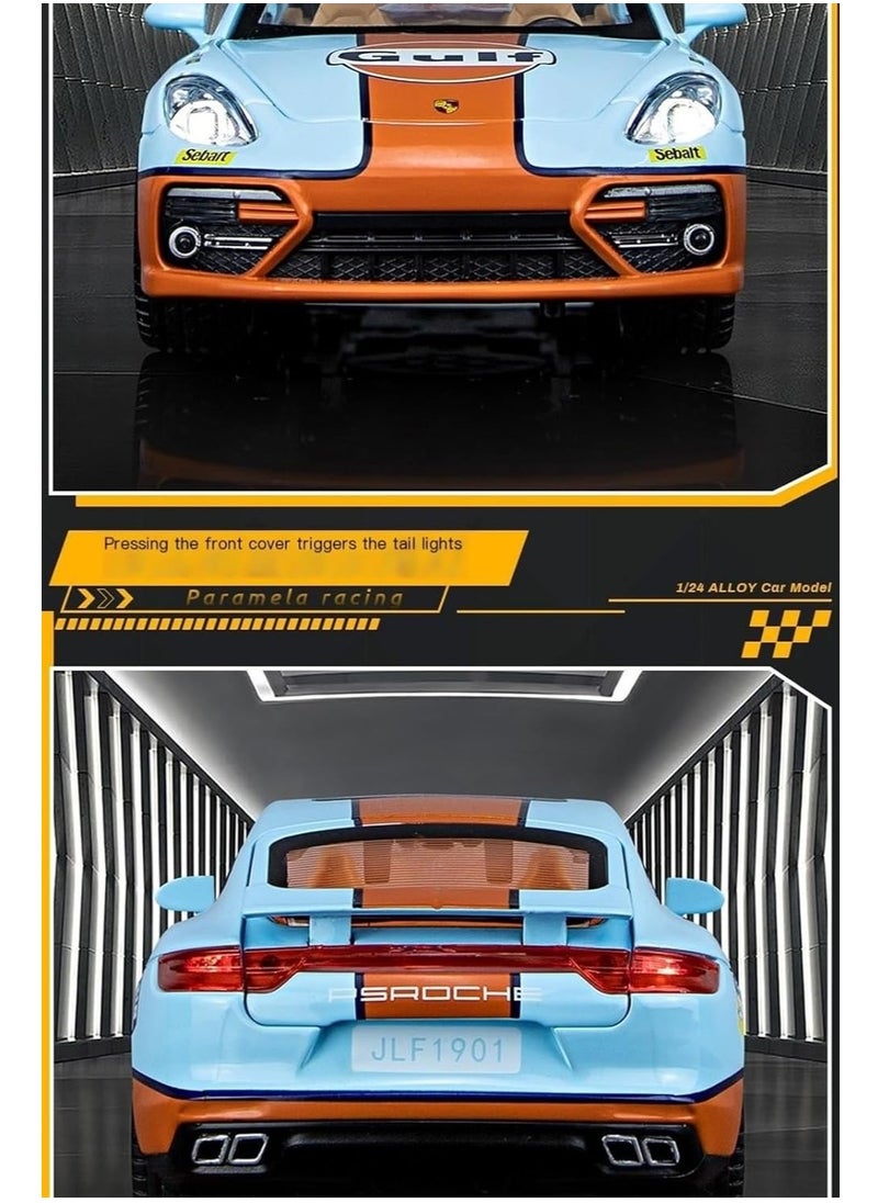 Scale Finished Model Car 1:24 for Porsche Panamera Miniature Supercars with Sound Light Pull-Back Scale Car Model Die-cast Vehicles Miniature Replica Car (Blue)