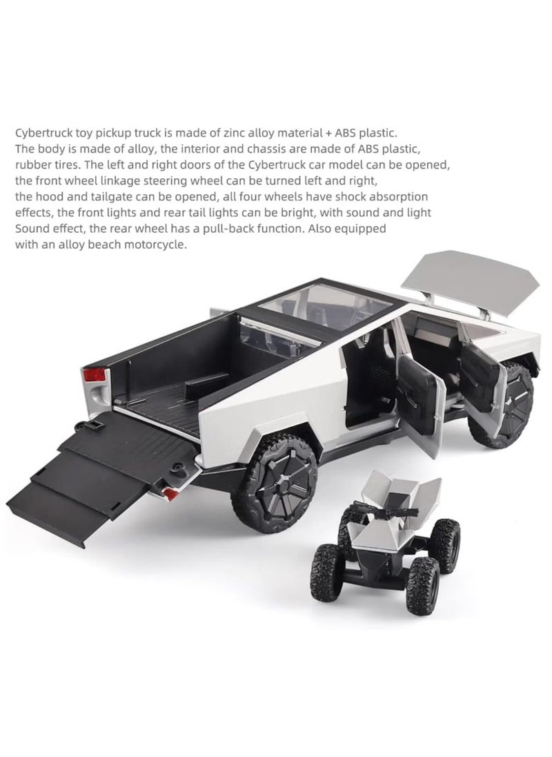 1:24 Scale Tesla Cybertruck Diecast Metal Model Toy with Sound, Light, and Pull-Back Feature, Includes Tesla Motorcycle, Alloy Simulation, Perfect Car Decoration Collection, Gift for Children & Adults - Silver