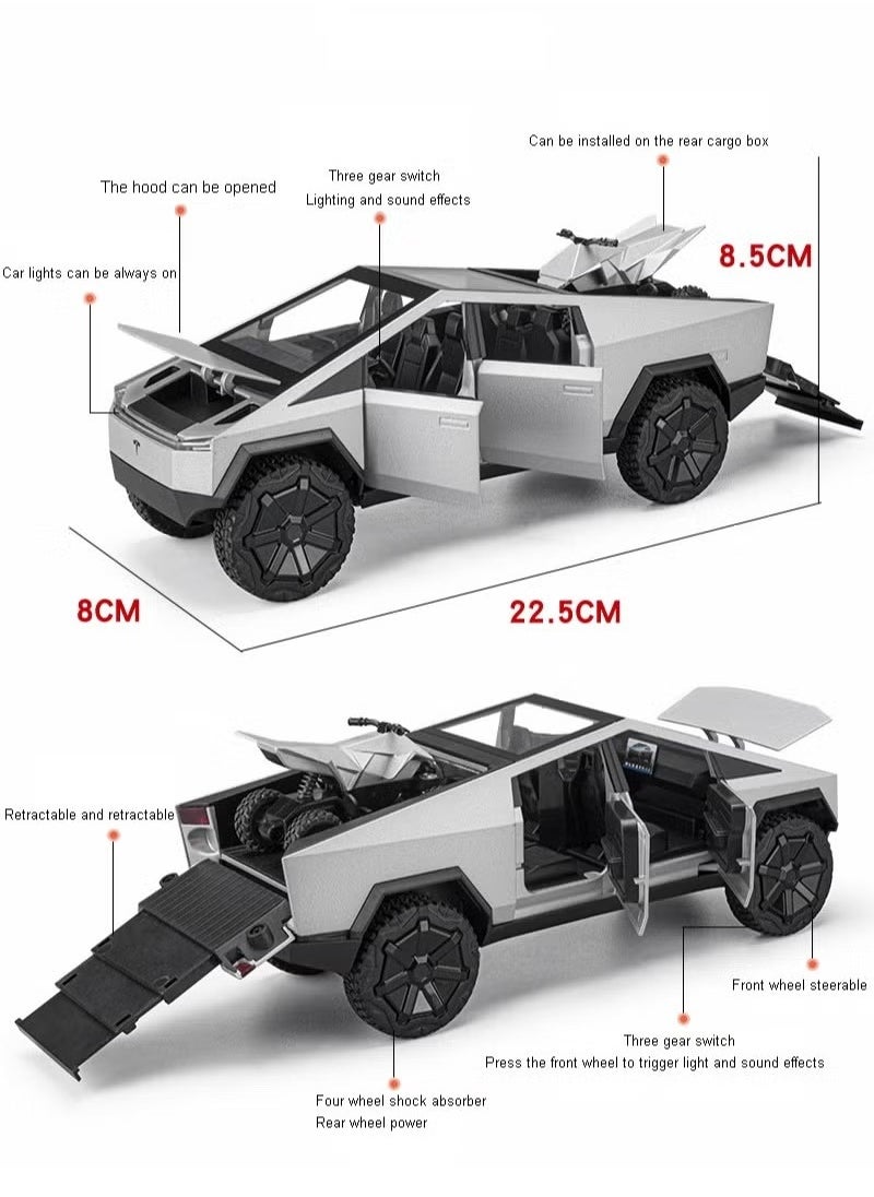 1:24 Scale Tesla Cybertruck Diecast Metal Model Toy with Sound, Light, and Pull-Back Feature, Includes Tesla Motorcycle, Alloy Simulation, Perfect Car Decoration Collection, Gift for Children & Adults - Silver