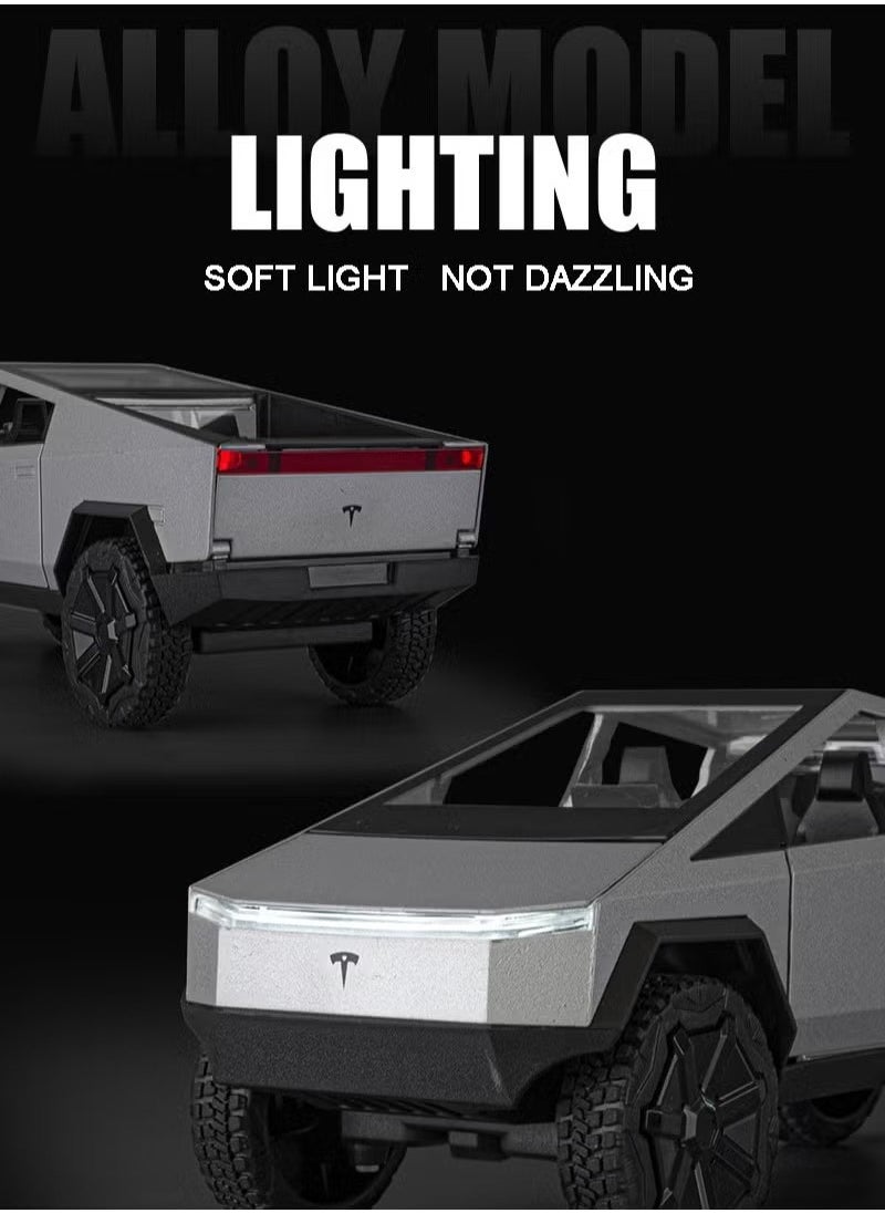 1:24 Scale Tesla Cybertruck Diecast Metal Model Toy with Sound, Light, and Pull-Back Feature, Includes Tesla Motorcycle, Alloy Simulation, Perfect Car Decoration Collection, Gift for Children & Adults - Silver