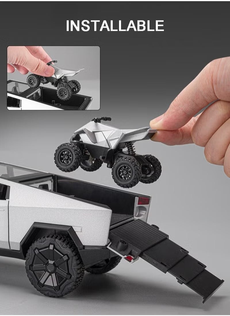 1:24 Scale Tesla Cybertruck Diecast Metal Model Toy with Sound, Light, and Pull-Back Feature, Includes Tesla Motorcycle, Alloy Simulation, Perfect Car Decoration Collection, Gift for Children & Adults - Silver