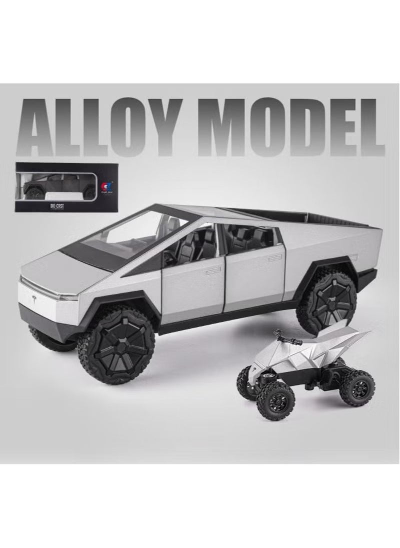 1:24 Scale Tesla Cybertruck Diecast Metal Model Toy with Sound, Light, and Pull-Back Feature, Includes Tesla Motorcycle, Alloy Simulation, Perfect Car Decoration Collection, Gift for Children & Adults - Silver