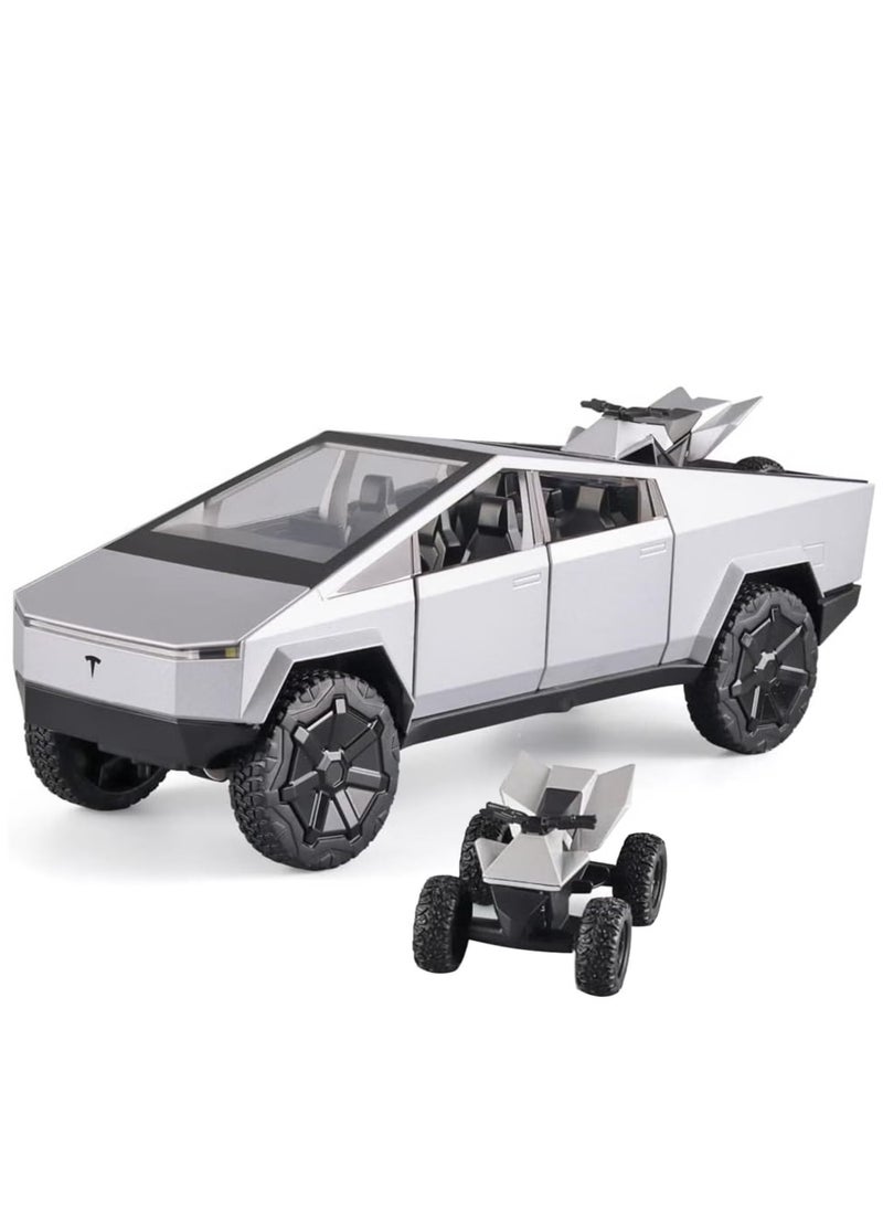 1:24 Scale Tesla Cybertruck Diecast Metal Model Toy with Sound, Light, and Pull-Back Feature, Includes Tesla Motorcycle, Alloy Simulation, Perfect Car Decoration Collection, Gift for Children & Adults - Silver