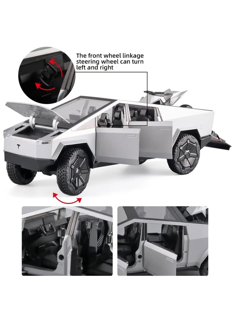 1:24 Scale Tesla Cybertruck Diecast Metal Model Toy with Sound, Light, and Pull-Back Feature, Includes Tesla Motorcycle, Alloy Simulation, Perfect Car Decoration Collection, Gift for Children & Adults - Silver
