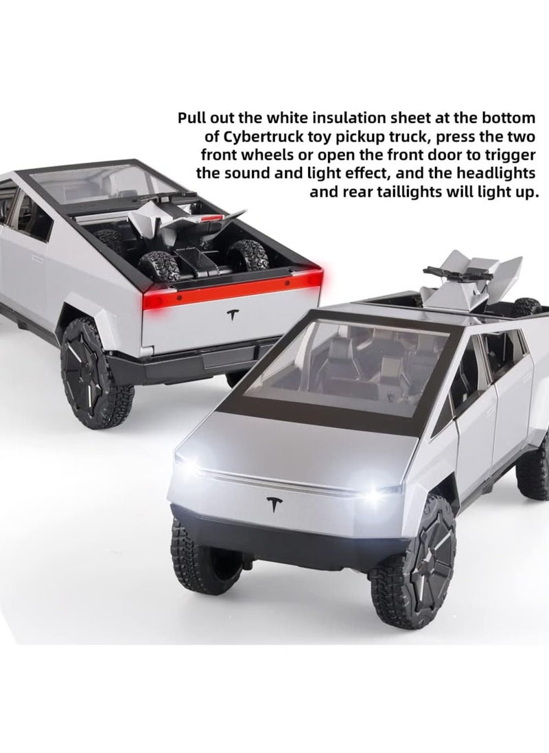 1:24 Scale Tesla Cybertruck Diecast Metal Model Toy with Sound, Light, and Pull-Back Feature, Includes Tesla Motorcycle, Alloy Simulation, Perfect Car Decoration Collection, Gift for Children & Adults - Silver
