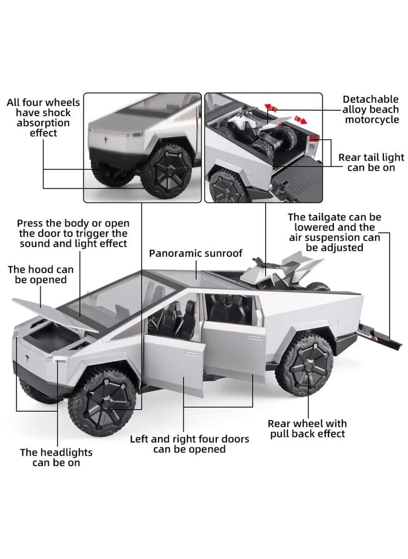 1:24 Scale Tesla Cybertruck Diecast Metal Model Toy with Sound, Light, and Pull-Back Feature, Includes Tesla Motorcycle, Alloy Simulation, Perfect Car Decoration Collection, Gift for Children & Adults - Silver
