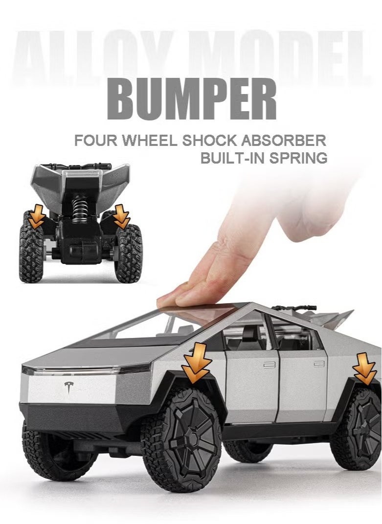1:24 Scale Tesla Cybertruck Diecast Metal Model Toy with Sound, Light, and Pull-Back Feature, Includes Tesla Motorcycle, Alloy Simulation, Perfect Car Decoration Collection, Gift for Children & Adults - Silver