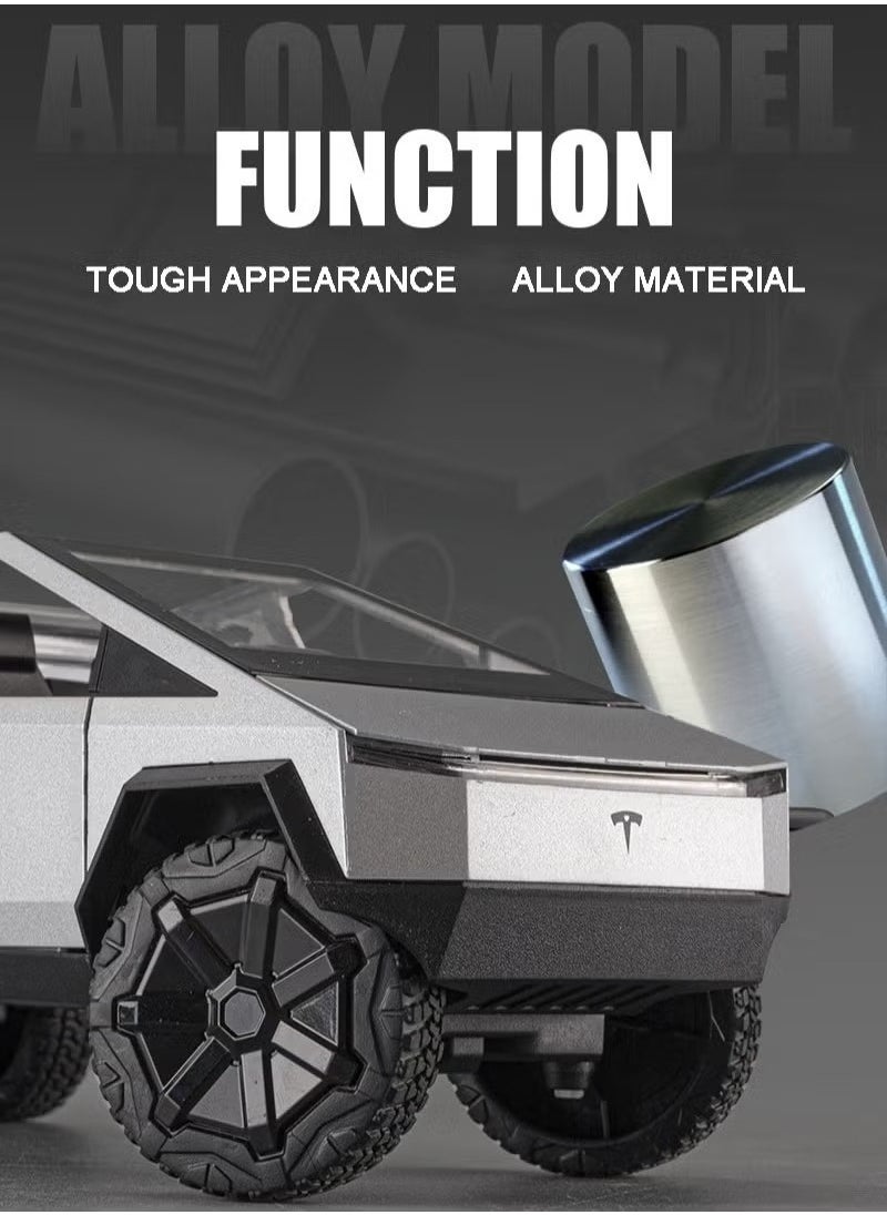1:24 Scale Tesla Cybertruck Diecast Metal Model Toy with Sound, Light, and Pull-Back Feature, Includes Tesla Motorcycle, Alloy Simulation, Perfect Car Decoration Collection, Gift for Children & Adults - Silver