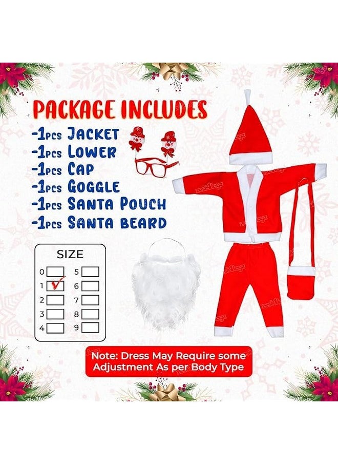 Zest 4 Toyz Synthetic Woven Santa Claus Dress For Kids Christmas Costume Dress With Jacket Pant Cap Goggles Beard And Pouch Santa Dress For Boys And Girls - Age 6 To 12 Months Old Toddlers, Red