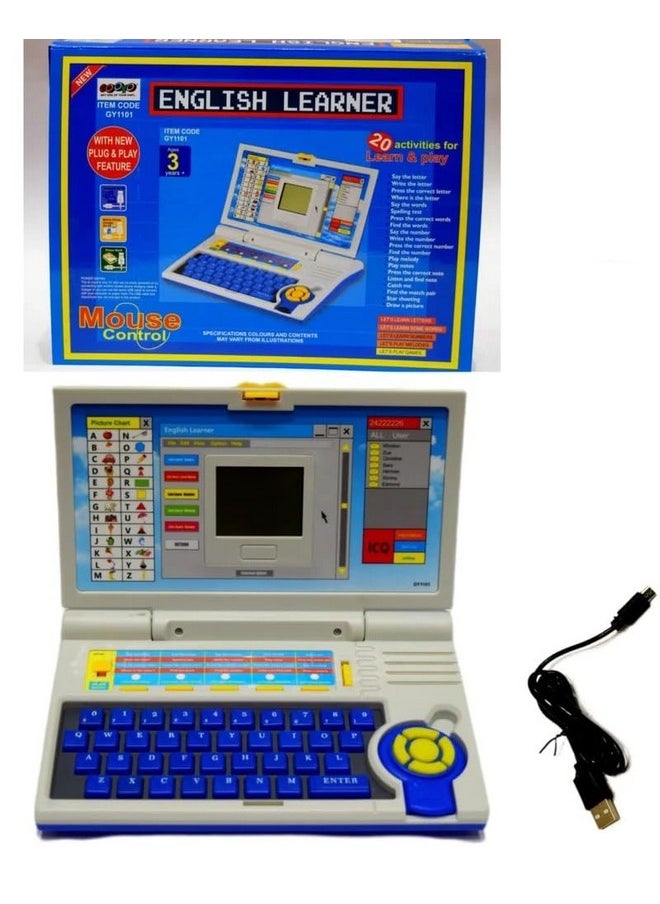 Petrichor Plug & Play English Learner Educational Laptop Toy with 20 Learning & Playing Activities|Blue & White Color,Dual Power Supply Source:Micro USB Cable(Included) &3xAA Battery(Not Included)