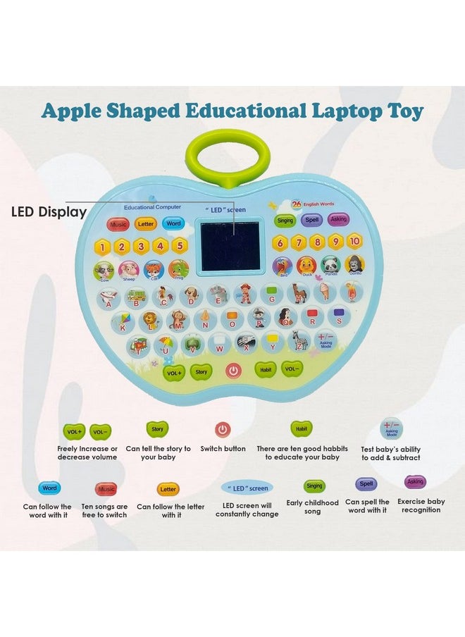 VGRASSP Apple Shape Educational Mini Computer Laptop Toy for Kids LED Display and Fun Music for Learning Alphabets Numbers Words and Animals (Blue)