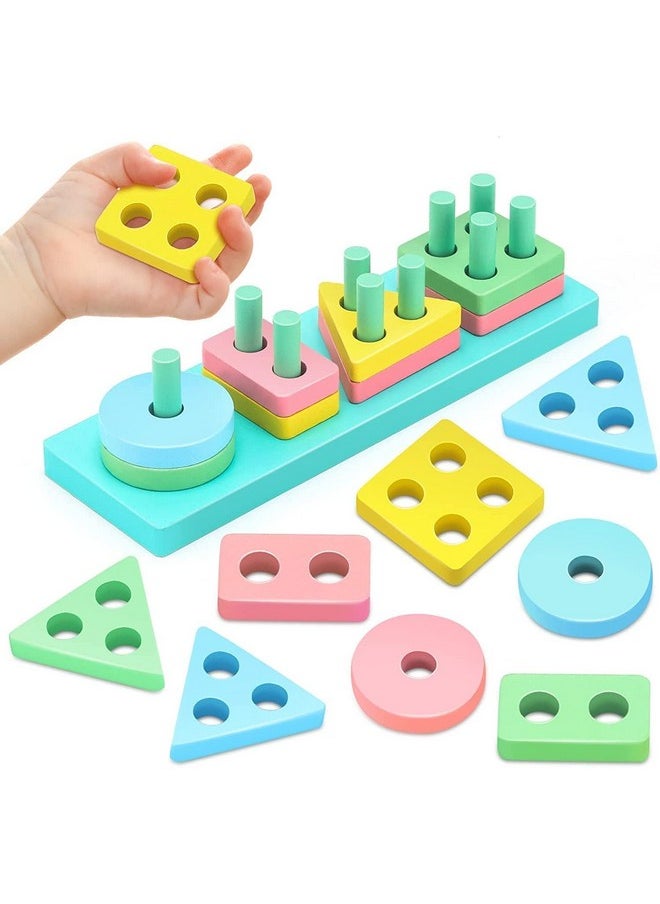 Wooden Montessori Toys Geometric Shape Matching 4 Column Blocks Sorting & Stacking Toys Educational And Learning Toys Color Recognition Stacker Shape Sorter For Kids Toddlers