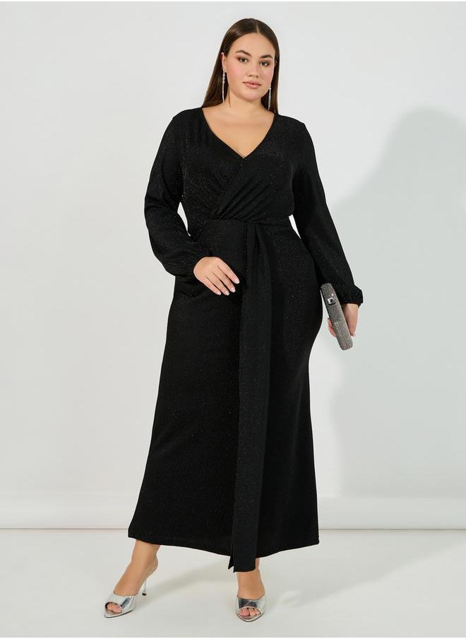Plus Size Glitter Look Wrap Front Draped Maxi Dress