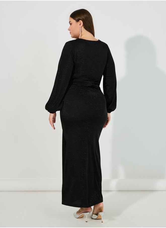 Plus Size Glitter Look Wrap Front Draped Maxi Dress