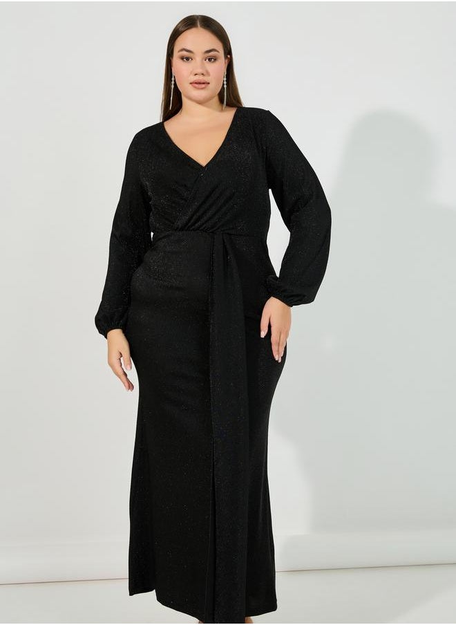 Plus Size Glitter Look Wrap Front Draped Maxi Dress