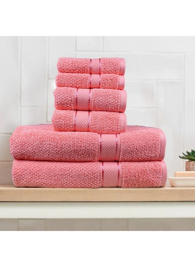 SENSES by Riba Textured Rice Weave 6 Piece Towel Set | All Cotton Fade-Resistant Highly Absorbent Super Soft Bathroom Towels(2 Pcs Each of Bath, Hand & Wash Towel) -550 GSM (Bright Pink)