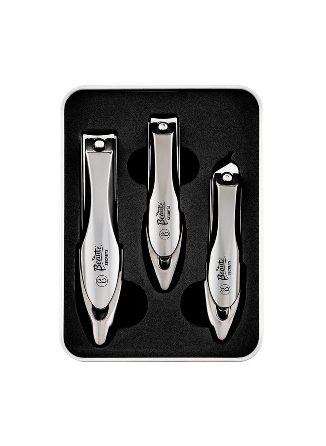 Beauté Secrets 3 Pieces Nail Cutter Set with Nail Catcher No Splash Fingernail Clippers Toenail Clippers with Nail File, Stainless Steel Nail Cutter for Men and Women