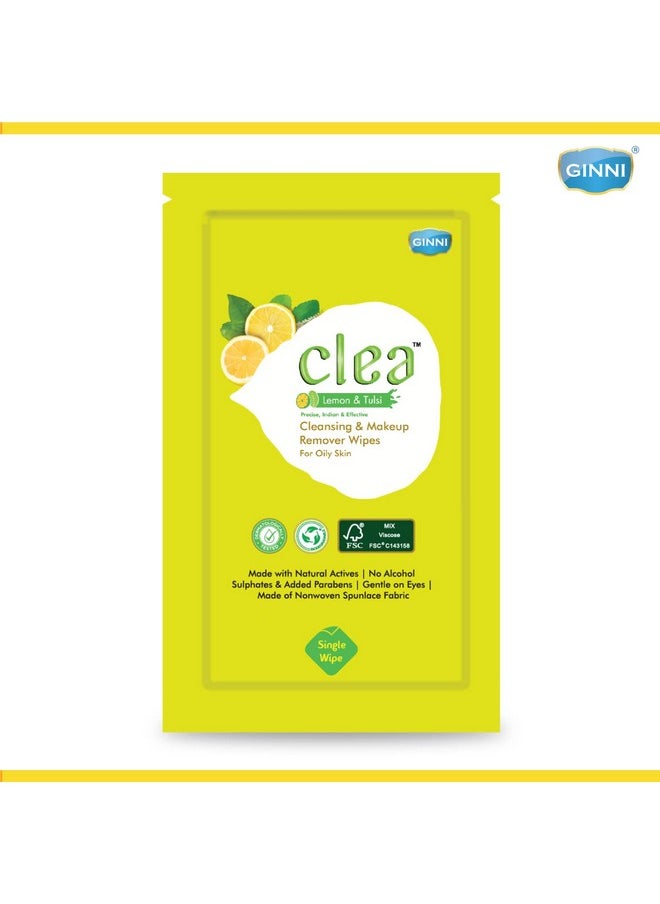 Clea Lemon & Tulsi Cleansing Makeup Remover Wet Wipes for Oily Skin - Removes Excess Oil, Moisturizes, Prevents Acne, Hydrates Skin - Pack of 3 (25 Wipes Each + 8 Wipes + 10 Wipes)