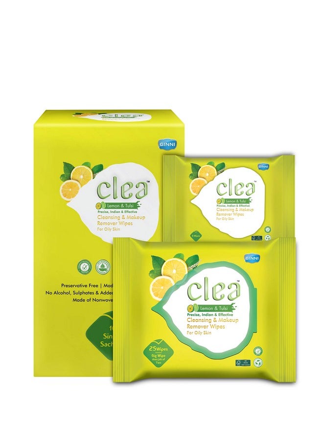 Clea Lemon & Tulsi Cleansing Makeup Remover Wet Wipes for Oily Skin - Removes Excess Oil, Moisturizes, Prevents Acne, Hydrates Skin - Pack of 3 (25 Wipes Each + 8 Wipes + 10 Wipes)