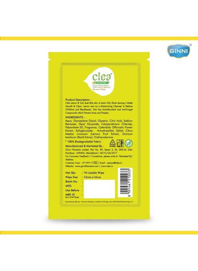 Clea Lemon & Tulsi Cleansing Makeup Remover Wet Wipes for Oily Skin - Removes Excess Oil, Moisturizes, Prevents Acne, Hydrates Skin - Pack of 3 (25 Wipes Each + 8 Wipes + 10 Wipes)