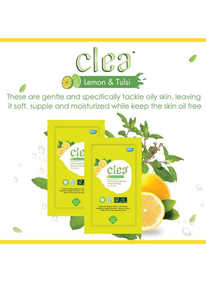 Clea Lemon & Tulsi Cleansing Makeup Remover Wet Wipes for Oily Skin - Removes Excess Oil, Moisturizes, Prevents Acne, Hydrates Skin - Pack of 3 (25 Wipes Each + 8 Wipes + 10 Wipes)