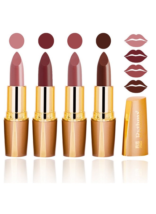 RythmX Creme Matte Long Stay Addition Lipsticks Set of 4 Pcs-(Light Peach, Light Brown, Mauve Pink, Metallic Chocolate)