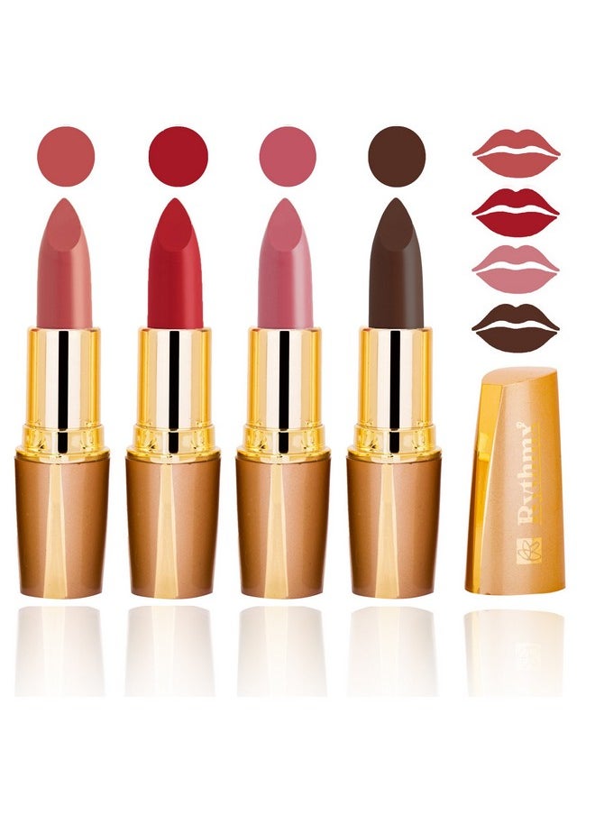 RythmX Creme Matte Long Stay Addition Lipsticks Set of 4 Pcs -(each, Brick Red, Mauve, Chocolate Brown)