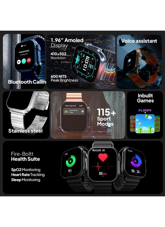 Fire-Boltt Gladiator + 1.96” AMOLED Display Luxury Smartwatch, Rotating Crown, 115+ Sports Modes & Bluetooth Calling, AI Voice Assistant, Gaming