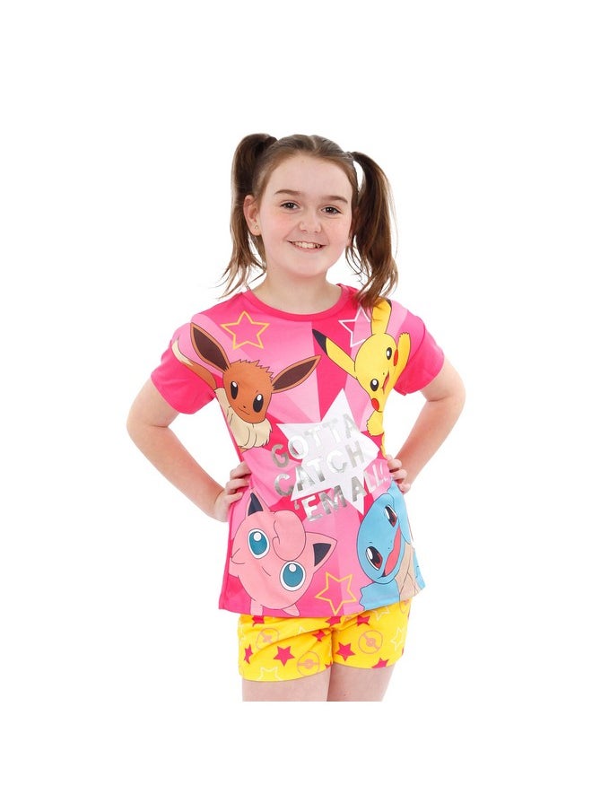 Pokemon Pajamas | Pikachu Pajamas For Girls | Eevee Girls Pajamas | Girls Pajama Set | Short Sleeve Girls' Sleepwear | 14 Multicolored