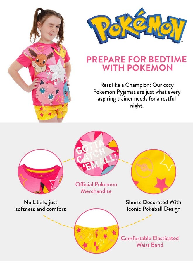 Pokemon Pajamas | Pikachu Pajamas For Girls | Eevee Girls Pajamas | Girls Pajama Set | Short Sleeve Girls' Sleepwear | 14 Multicolored
