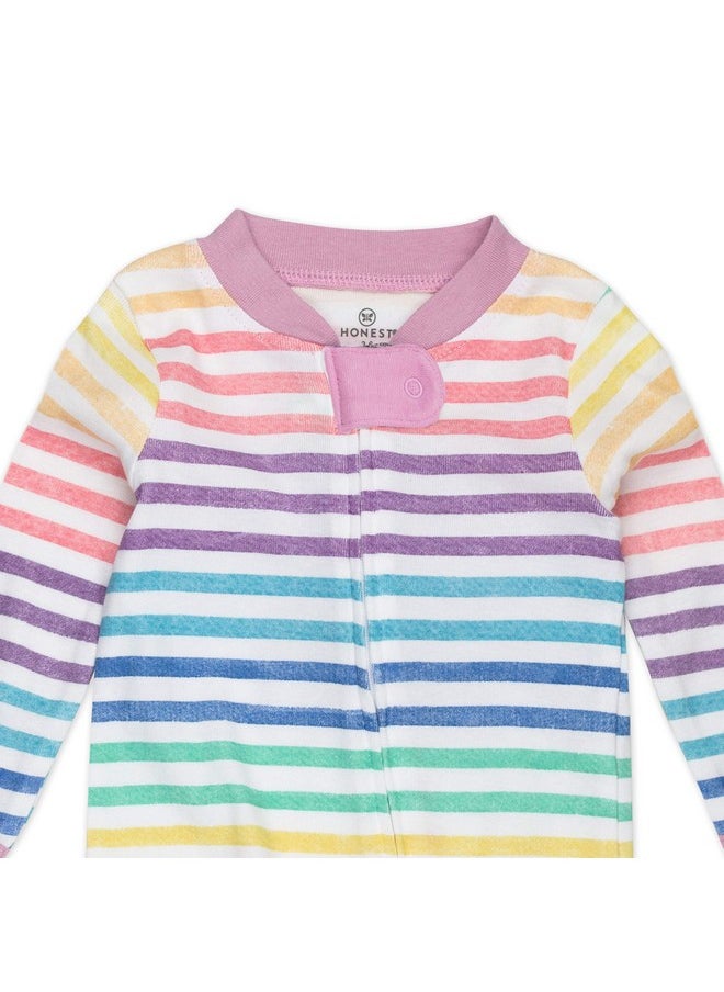 HonestBaby 1-Pack Sleep and Play Footed Pajamas One-Piece Sleeper Jumpsuit Zip-Front Pjs Organic Cotton for Baby Girls, Unisex, Rainbow Stripe, 0-3 Months