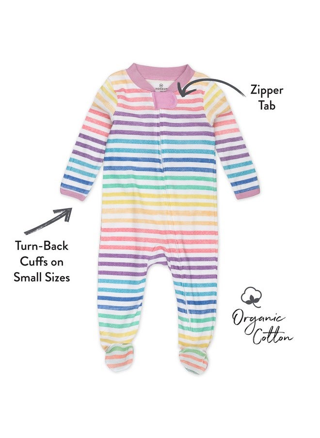 HonestBaby 1-Pack Sleep and Play Footed Pajamas One-Piece Sleeper Jumpsuit Zip-Front Pjs Organic Cotton for Baby Girls, Unisex, Rainbow Stripe, 0-3 Months