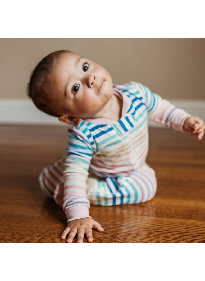 HonestBaby 1-Pack Sleep and Play Footed Pajamas One-Piece Sleeper Jumpsuit Zip-Front Pjs Organic Cotton for Baby Girls, Unisex, Rainbow Stripe, 0-3 Months