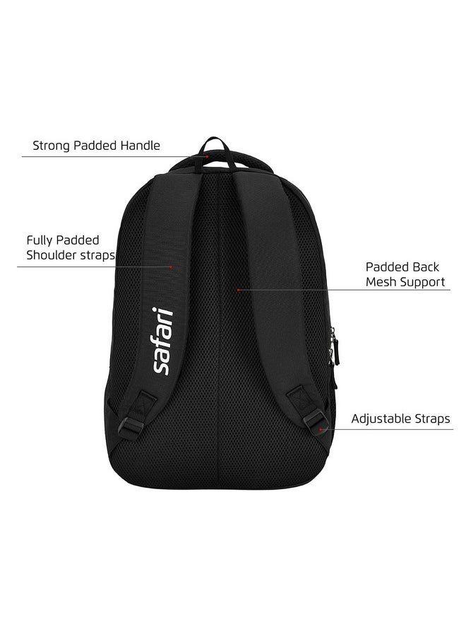 Safari Omega Pro 35L Laptop Backpack with Raincover, 3 compartments, bottle holder, organizer, school bag for boys and girls, college bag for women and men, office bag, travel bag, Color- Black