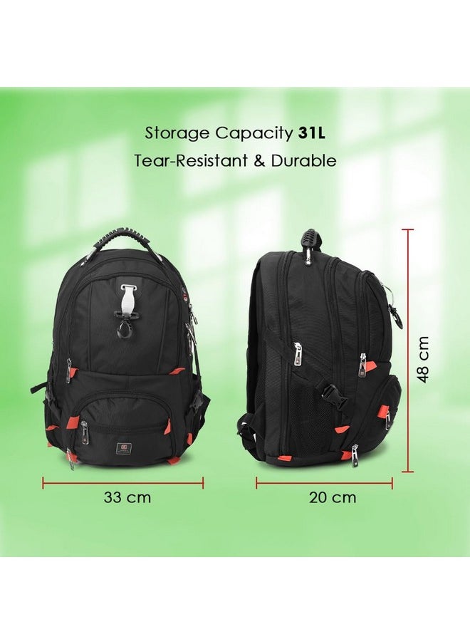 Swiss Military Laptop Backpack with USB Charging Port/Aux Port, Breathable EVA back, Water & Wear Resistant, Travel Backpack for Men, Women, Kids | Bagpacker Bag for Men, 31 liters, Black & Red, 1