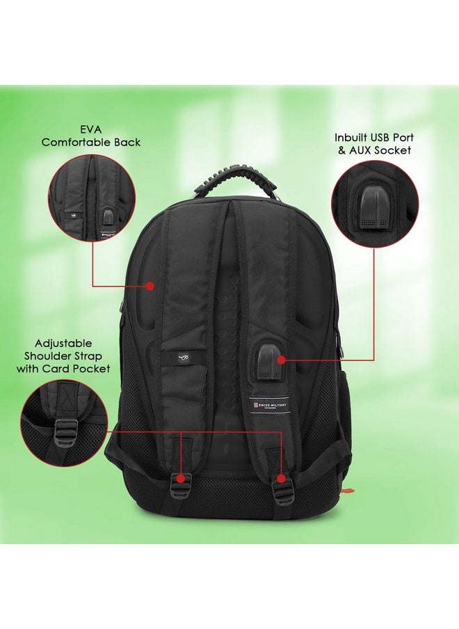Swiss Military Laptop Backpack with USB Charging Port/Aux Port, Breathable EVA back, Water & Wear Resistant, Travel Backpack for Men, Women, Kids | Bagpacker Bag for Men, 31 liters, Black & Red, 1