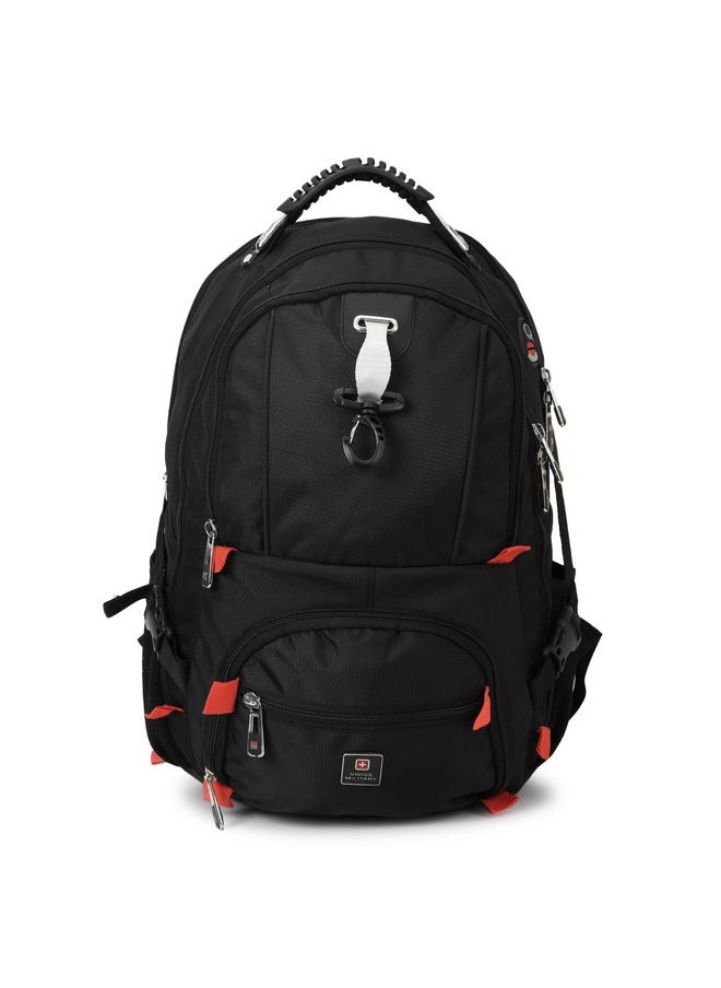 Swiss Military Laptop Backpack with USB Charging Port/Aux Port, Breathable EVA back, Water & Wear Resistant, Travel Backpack for Men, Women, Kids | Bagpacker Bag for Men, 31 liters, Black & Red, 1