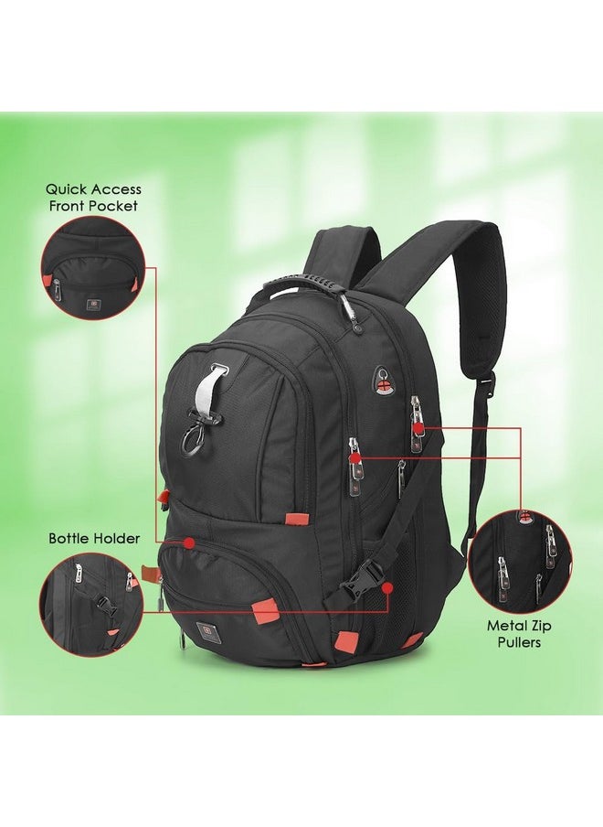 Swiss Military Laptop Backpack with USB Charging Port/Aux Port, Breathable EVA back, Water & Wear Resistant, Travel Backpack for Men, Women, Kids | Bagpacker Bag for Men, 31 liters, Black & Red, 1