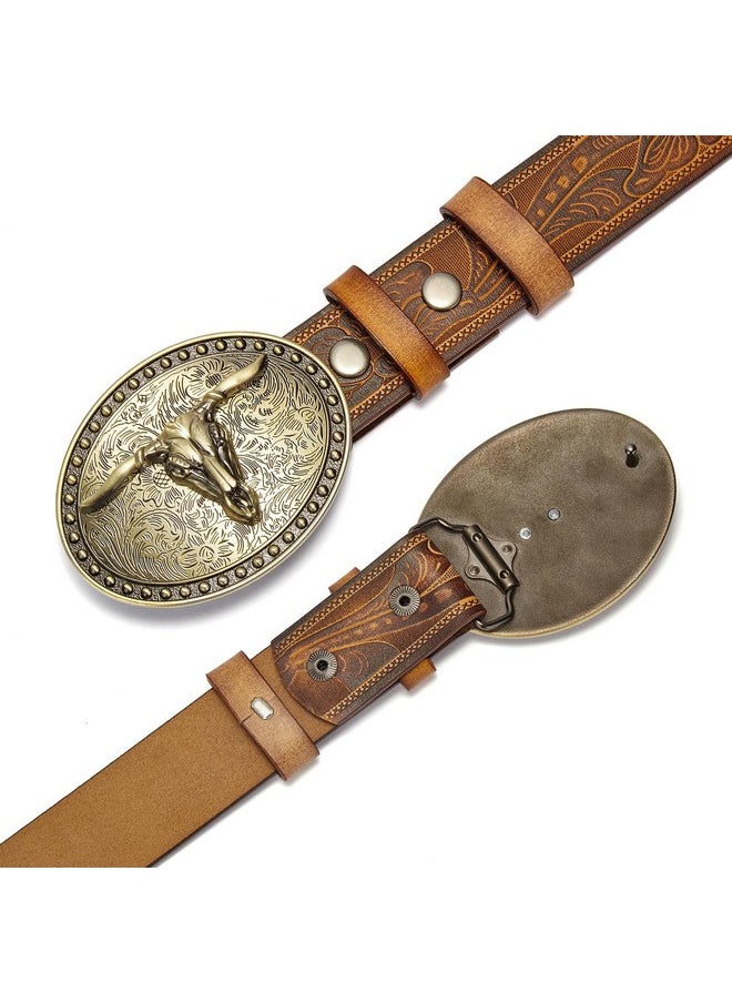 BISON DENIM Men's Western Double embossed leather belts with golden Cowboy Longhorn Bull Pattern Floral Engraved replaceable Buckle Belt