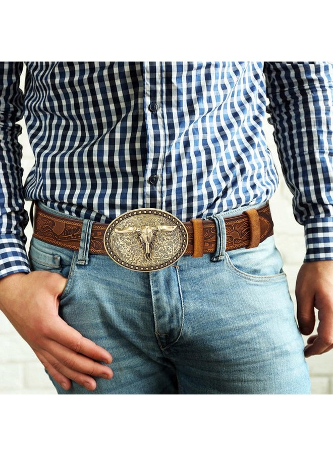 BISON DENIM Men's Western Double embossed leather belts with golden Cowboy Longhorn Bull Pattern Floral Engraved replaceable Buckle Belt