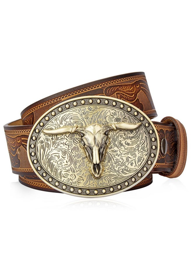 BISON DENIM Men's Western Double embossed leather belts with golden Cowboy Longhorn Bull Pattern Floral Engraved replaceable Buckle Belt