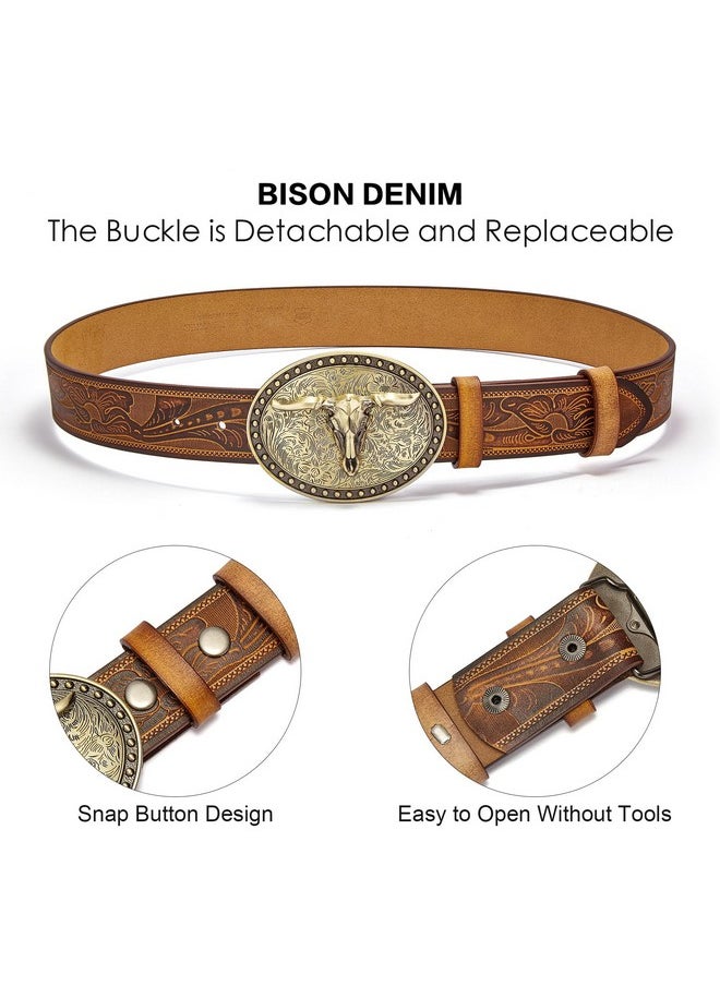 BISON DENIM Men's Western Double embossed leather belts with golden Cowboy Longhorn Bull Pattern Floral Engraved replaceable Buckle Belt