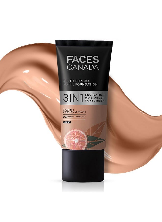 FACESCANADA All Day Hydra Matte Foundation|3-In-1 Foundation + Moisturizer Cream +Spf 30|24 Hr Aloe Hydration&Vitamin C|10Hr Long Wear|Medium To High Buildable Coverage|Caramel Natural|25Ml,Pack Of 1