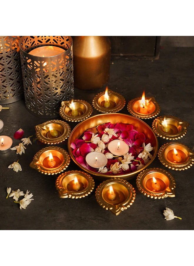 Tied Ribbons Urli Bowl with 10 Attached Oil Diyas for Floating Flowers and Tealight Candles (29 cm x 5 cm) - Diwali Decoration Items for Home Decor - Diwali Decor - Diwali Gifts