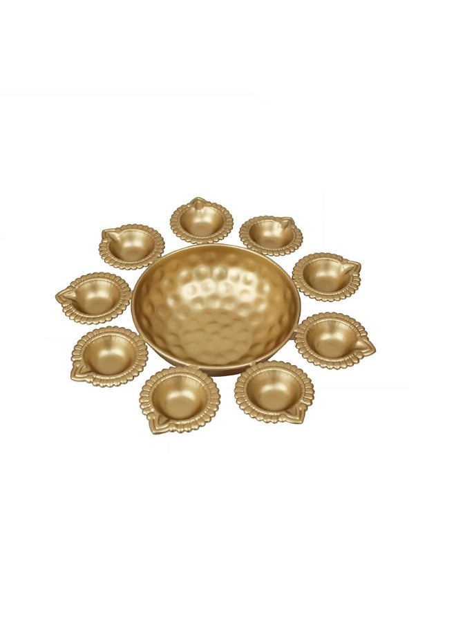 Tied Ribbons Urli Bowl with 10 Attached Oil Diyas for Floating Flowers and Tealight Candles (29 cm x 5 cm) - Diwali Decoration Items for Home Decor - Diwali Decor - Diwali Gifts