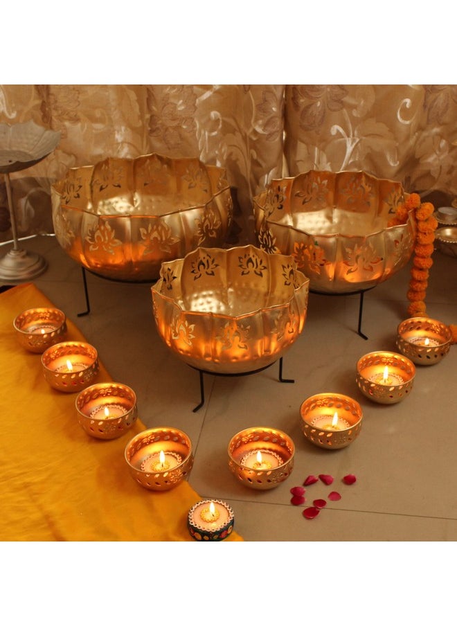 TIED RIBBONS Pack of 14 Decorative Urli Bowl for Home Decor with Stands for Floating Flowers and Tealight Candles (Gold) - Diwali Decoration Items for Home Decor - Diwali Decor - Diwali Gifts